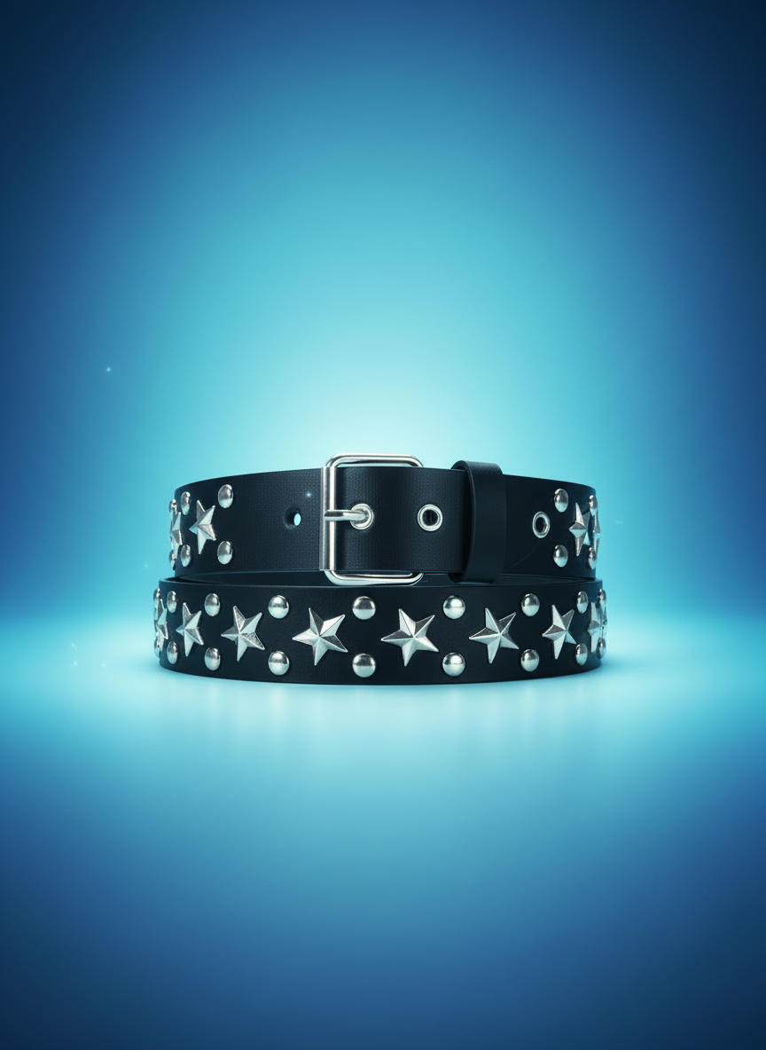 Y2K star studded punk belt styled with low-rise jeans and indie sleaze streetwear aesthetic.
