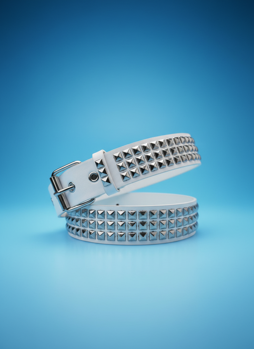 Soft grunge Y2K studded belt styled with dreamy punk outfit and layered textures.