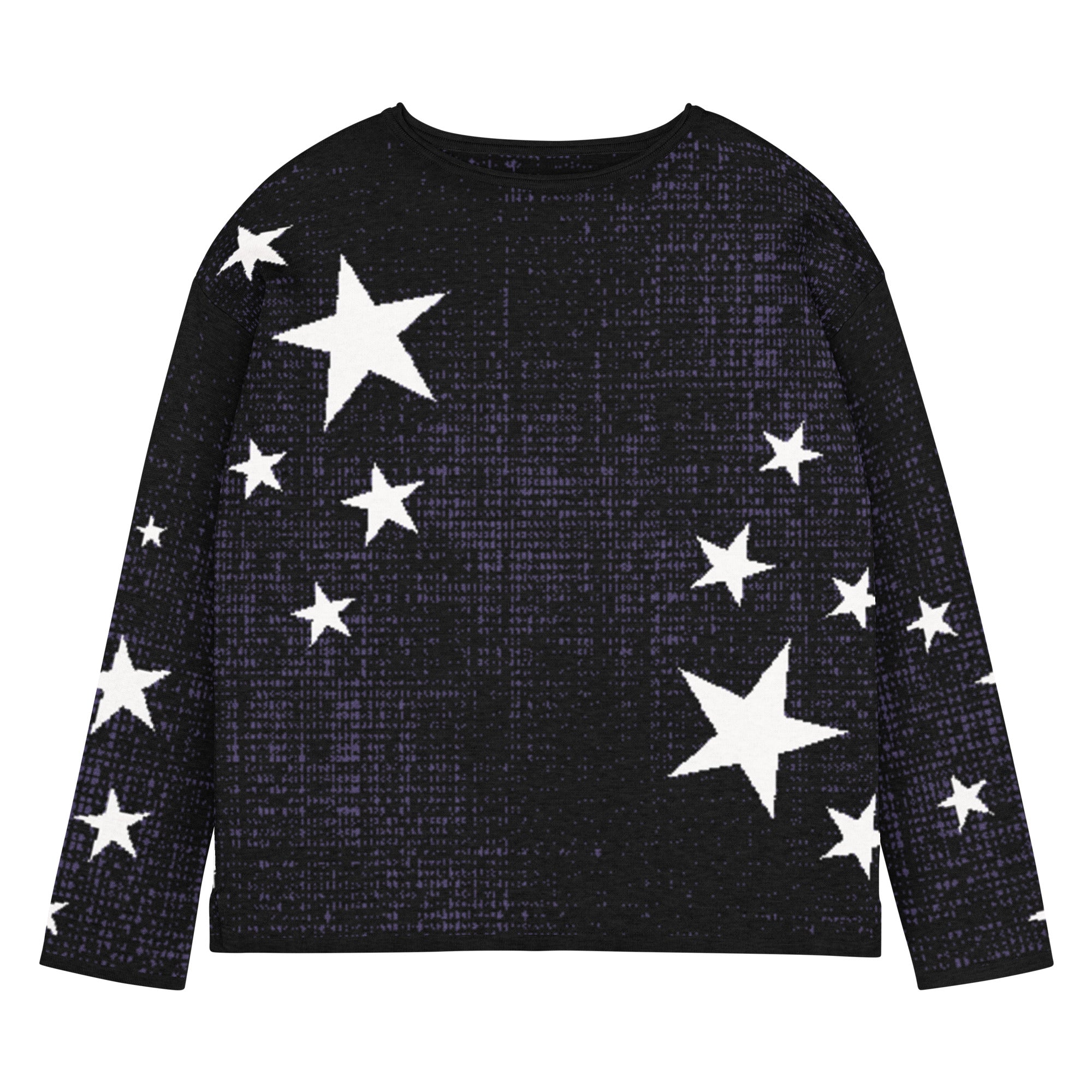 Product mockup showing a cosmic glitchcore star sweater with Y2K cyber aesthetic, styled for indie sleaze streetwear and nightlife fashion.