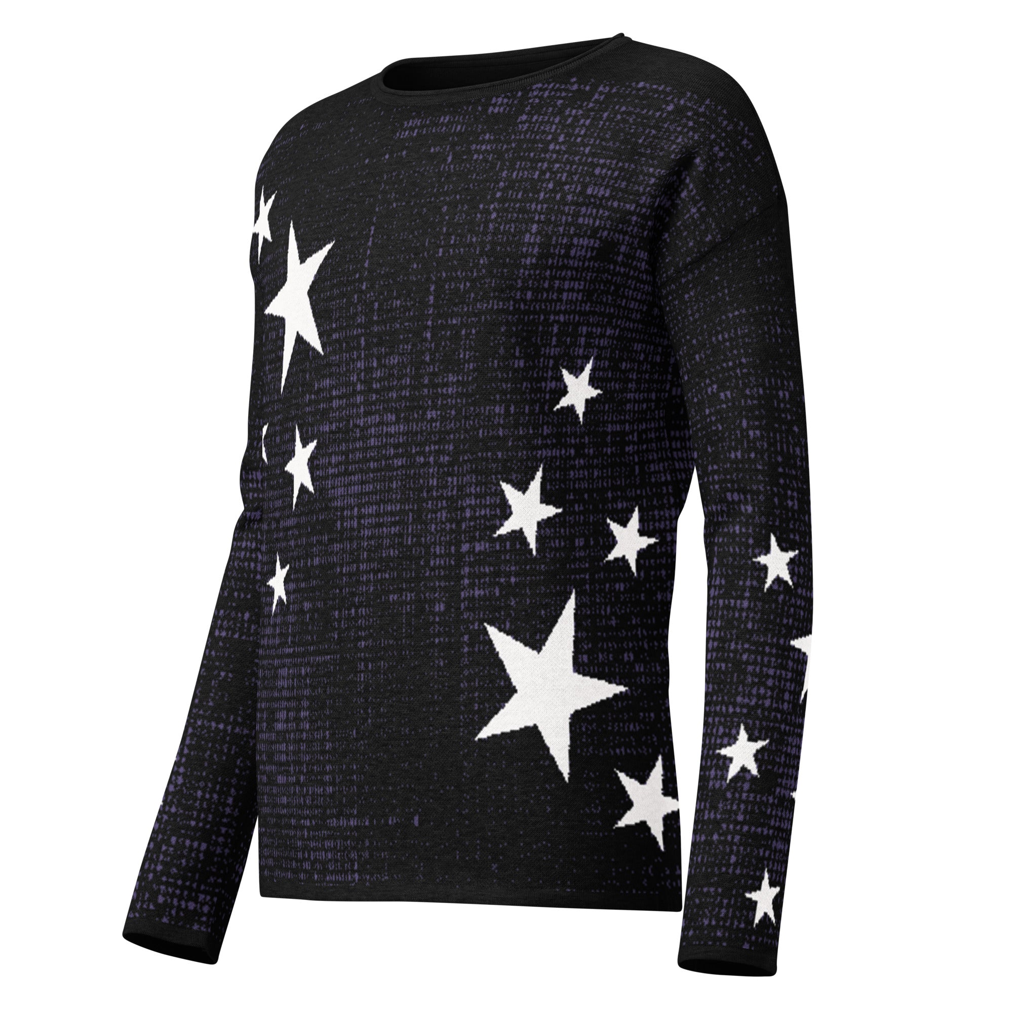 Product mockup showing a cosmic glitchcore star sweater with Y2K cyber aesthetic, styled for indie sleaze streetwear and nightlife fashion.